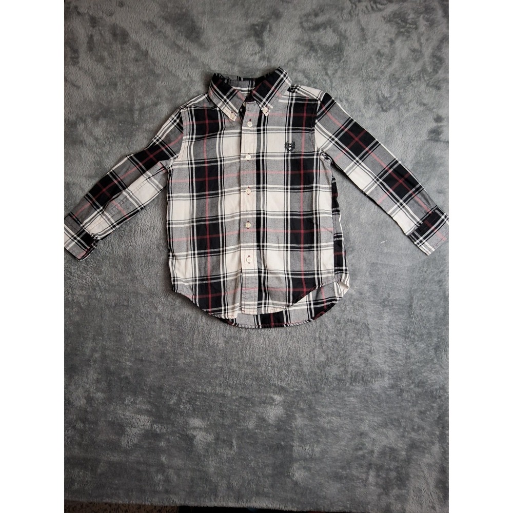 Chaps‎ Boys Size 4  Black White & Red Plaid Easy Care Button Front Flannel Shirt